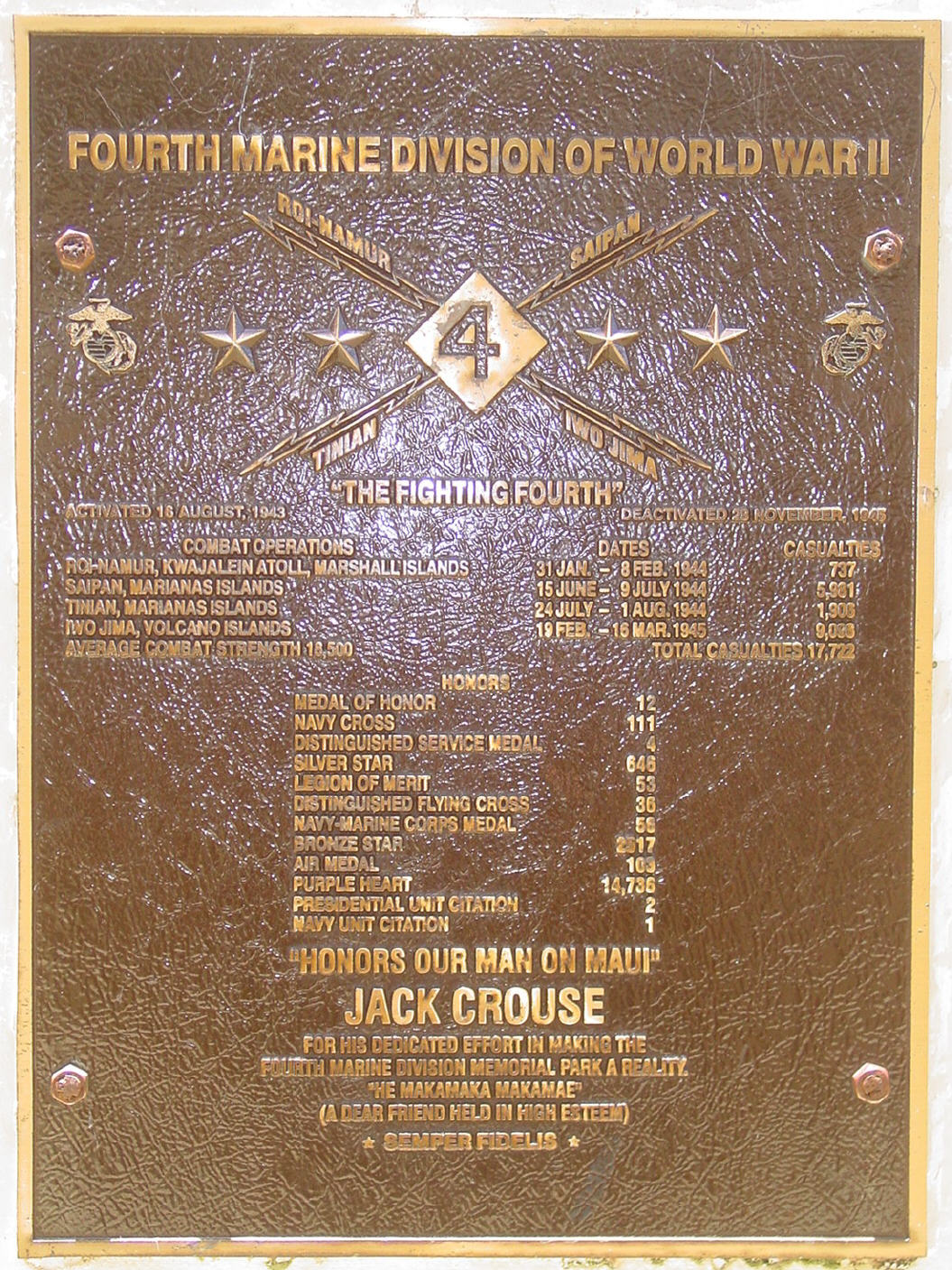 The Fourth Marine Division Memorial Park Plaque